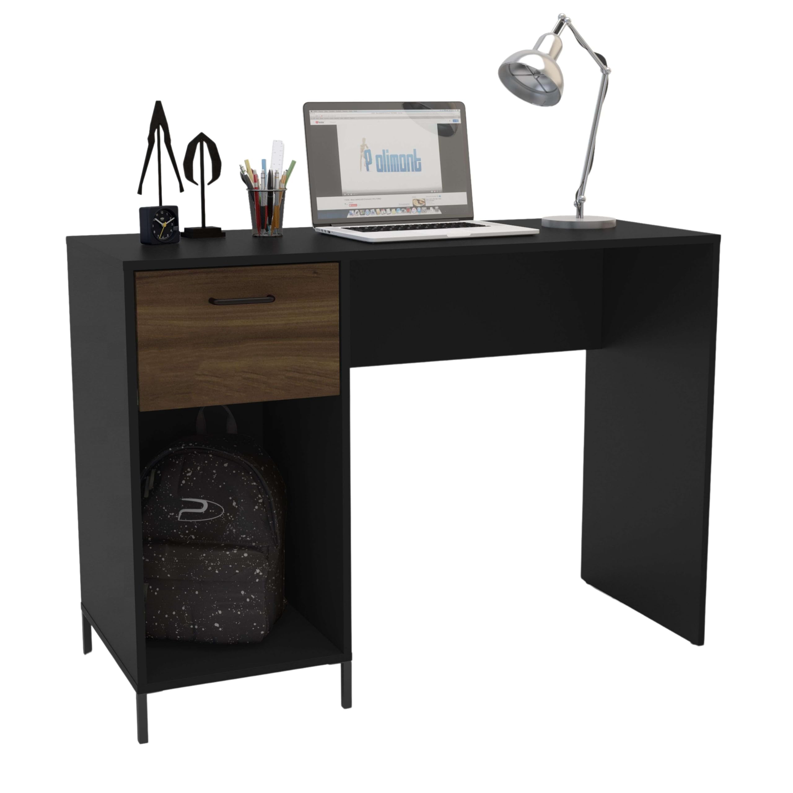 Escritorio Santa Monica Roble Oscuro y Negro 110cm 1 Cajón Gran Espacio de Almacenamiento Melamina Resistente