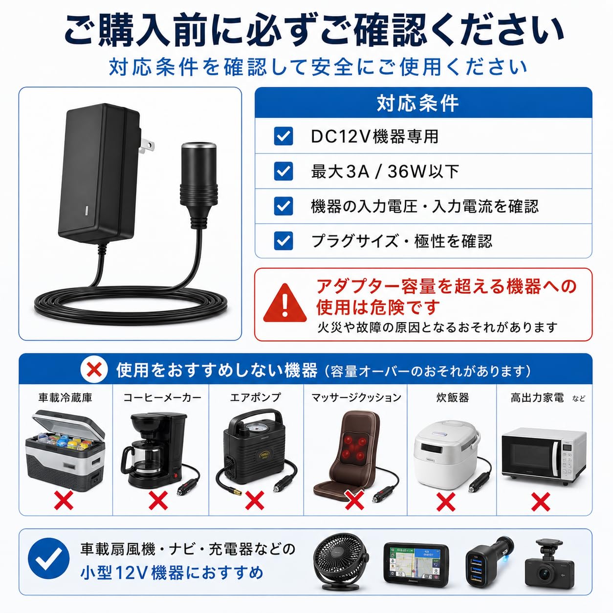 Amazon.co.jp: Yutasa 100V to 12V AC-DC 変換アダプター 3A 36W 車用