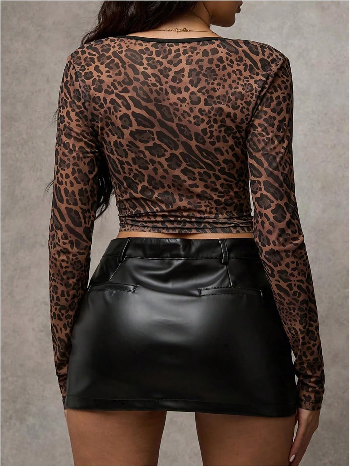 Women's Y2k Leopard Print T Shirt V Neck Long Sleeve Fitted Cheetah Tee Mesh Sheer Crop Tops - Image 2