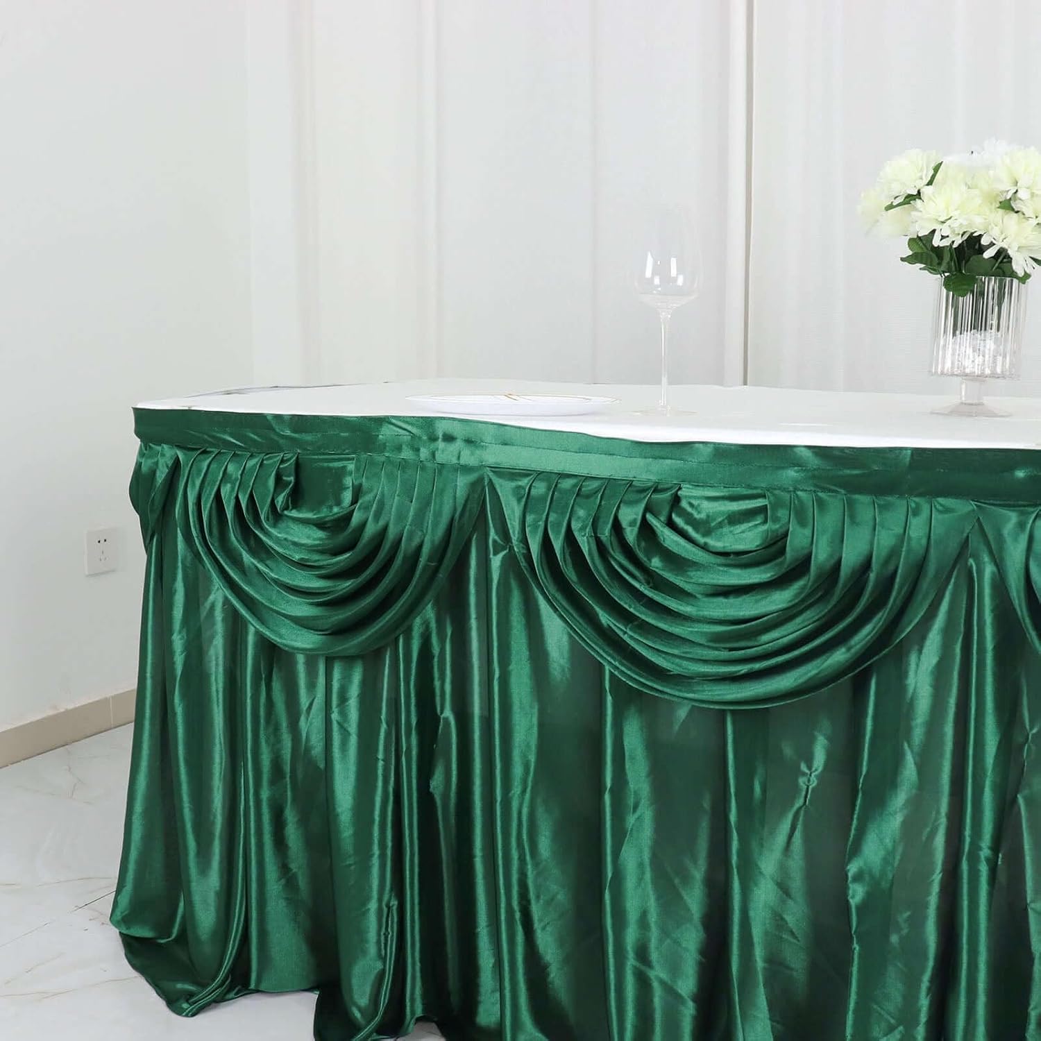 Efavormart Hunter Emerald Green Satin Double Drape Table Skirt for Kitchen Dining Catering Wedding Birthday Party Decorations Events 14ft
