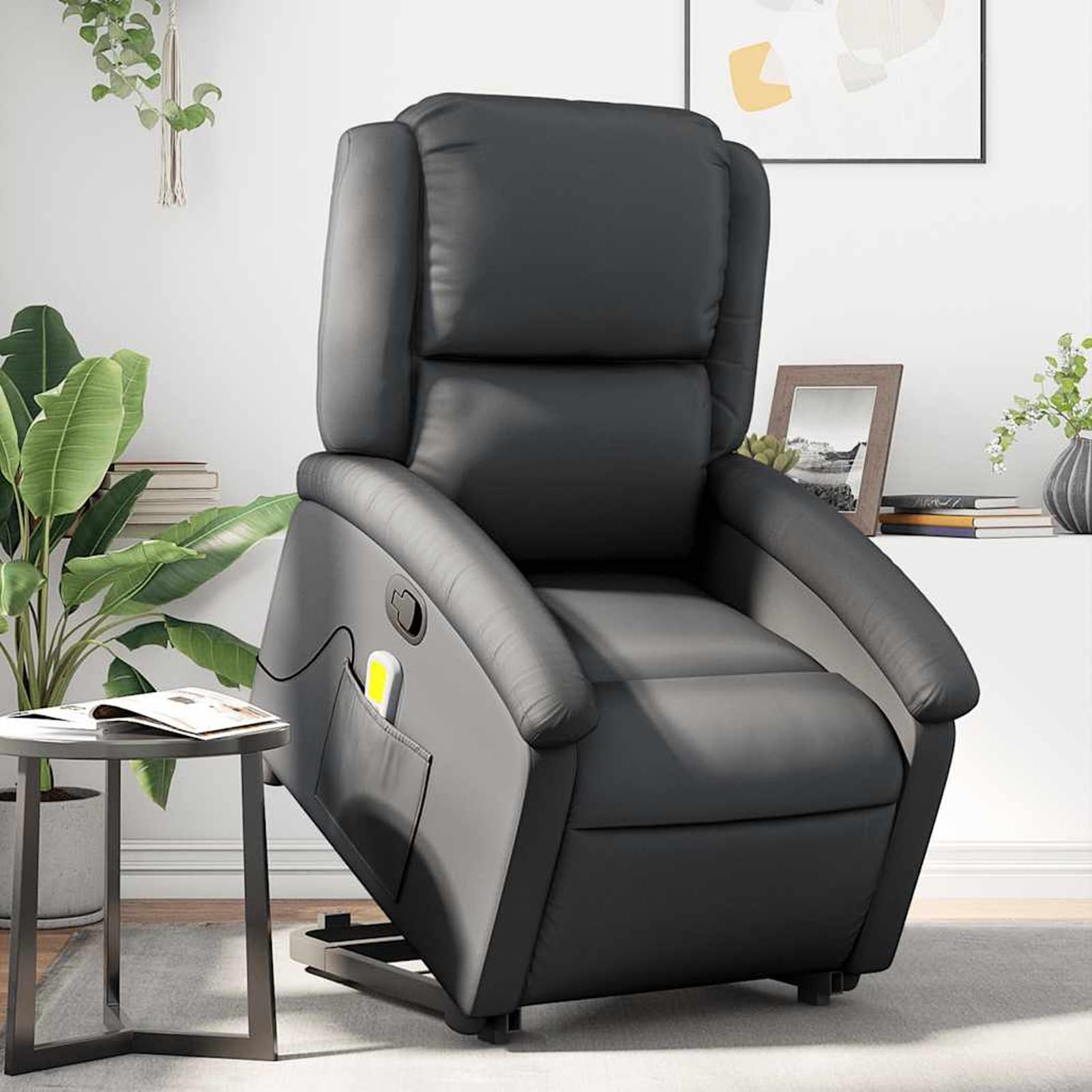 Sillón de masaje con ayuda eléctrica para levantarse | Masaje vibratorio 100% piel de vacuno, negro, 71 x 144,5 x 82 cm (posición tumbada), para personas mayores