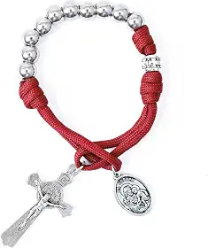 Nazareth Store Terço de Paracord Militar Forte Uma Década Contas de Prata Bolso Rosário de Carro Oração Por Nós, Medalha de São José e Cruz de São Bento