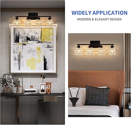 Vista 25 de Lámpara de tocador de baño con 4 luces, lámpara de cristal sobre espejo, negro mate y dorado, giratoria, pantalla moderna de cristal cromado