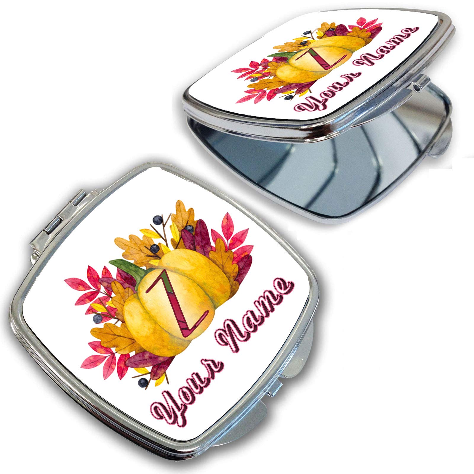BRGiftShop Personalized Custom Name Watercolor Thanksgiving Pumpkin Monogram Letter Z Compact Pocket Cosmetic Mirror