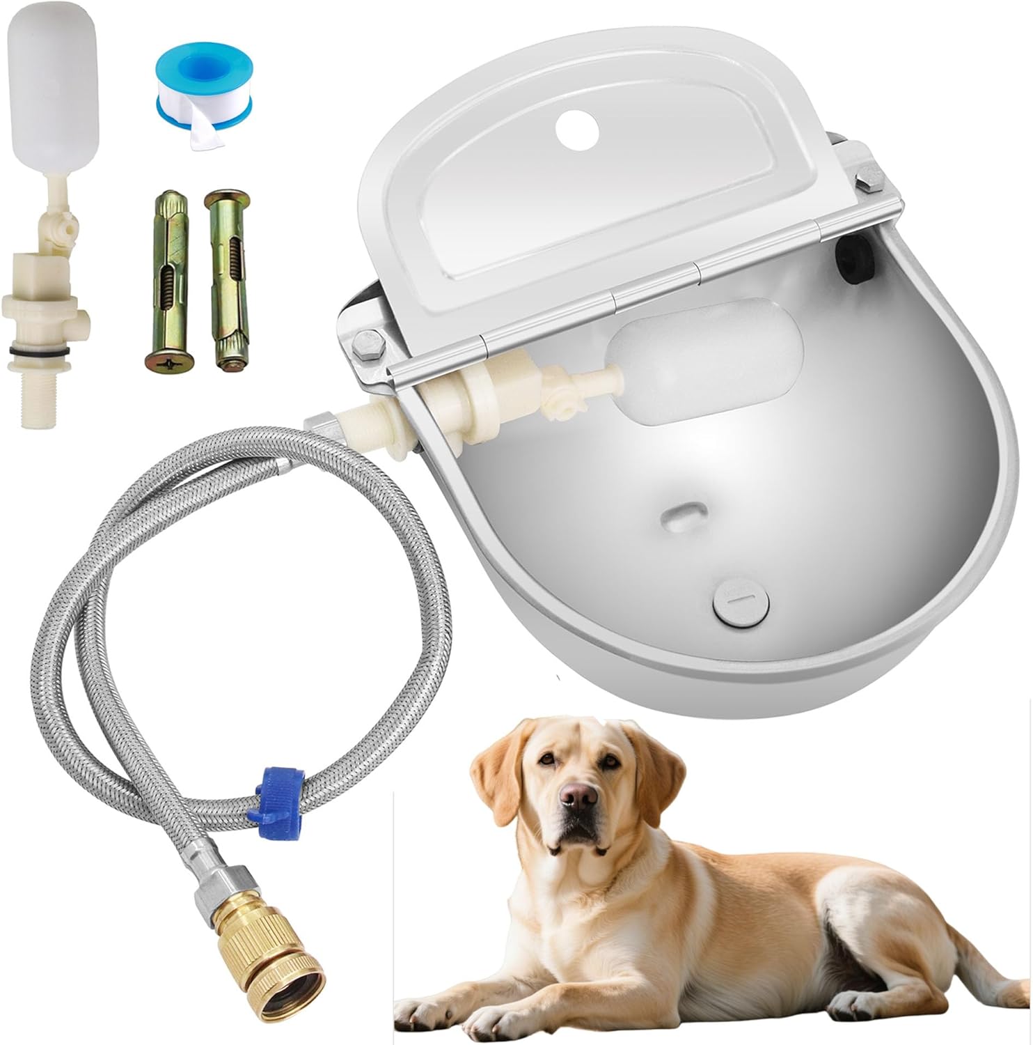 Automatic Dog Drinking Water Bowl,304 Stainless Steel Animal Waterer Bowl Kit,Trough Dispenser with Pipe Hose,Float Valves,Quick Connecter, Expansion Bolt,Waterer Dispenser Poultry and Livestock