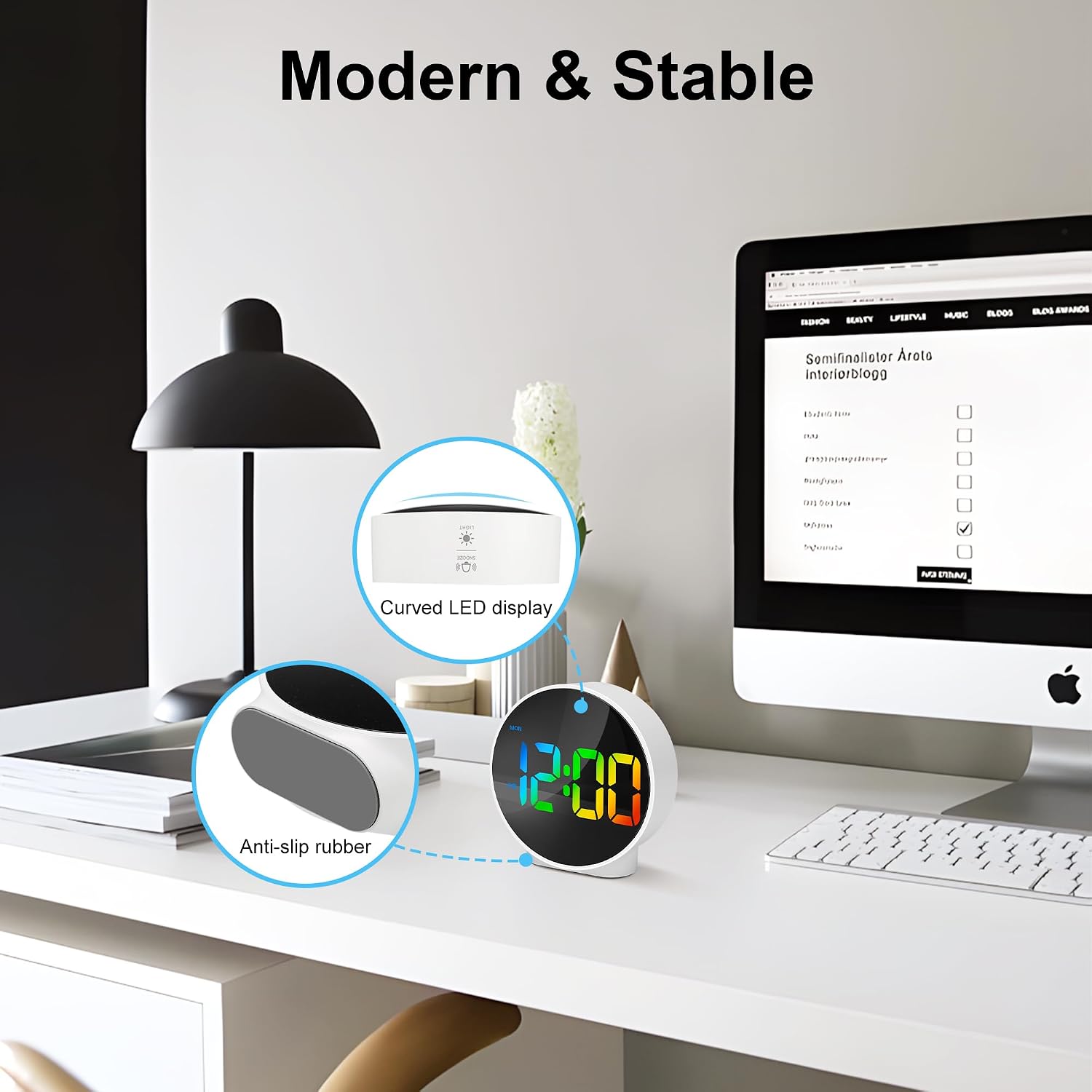 Lafocuse LED Colorful Digital Alarm Clock Battery Operated, Modern Round Digital Clock with 2 Alarms, Snooze, Adjustable Brightness, Curved Screen Design Bedside Alarm Clock for Bedroom Office