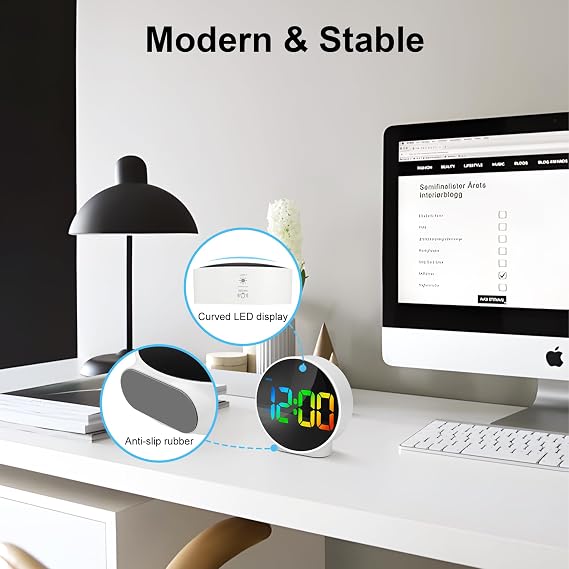 Lafocuse LED Colorful Digital Alarm Clock Battery Operated, Modern Round Digital Clock with 2 Alarms, Snooze, Adjustable Brightness, Curved Screen Design Bedside Alarm Clock for Bedroom Office