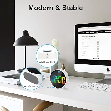 Lafocuse LED Colorful Digital Alarm Clock Battery Operated, Modern Round Digital Clock with 2 Alarms, Snooze, Adjustable Brightness, Curved Screen Design Bedside Alarm Clock for Bedroom Office