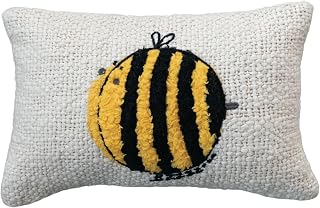 Creative Co-Op Woven Cotton Lumbar Pillow with Embroidered Bee, 14x9 White/Yellow - Boho Farmhouse Decor Accent