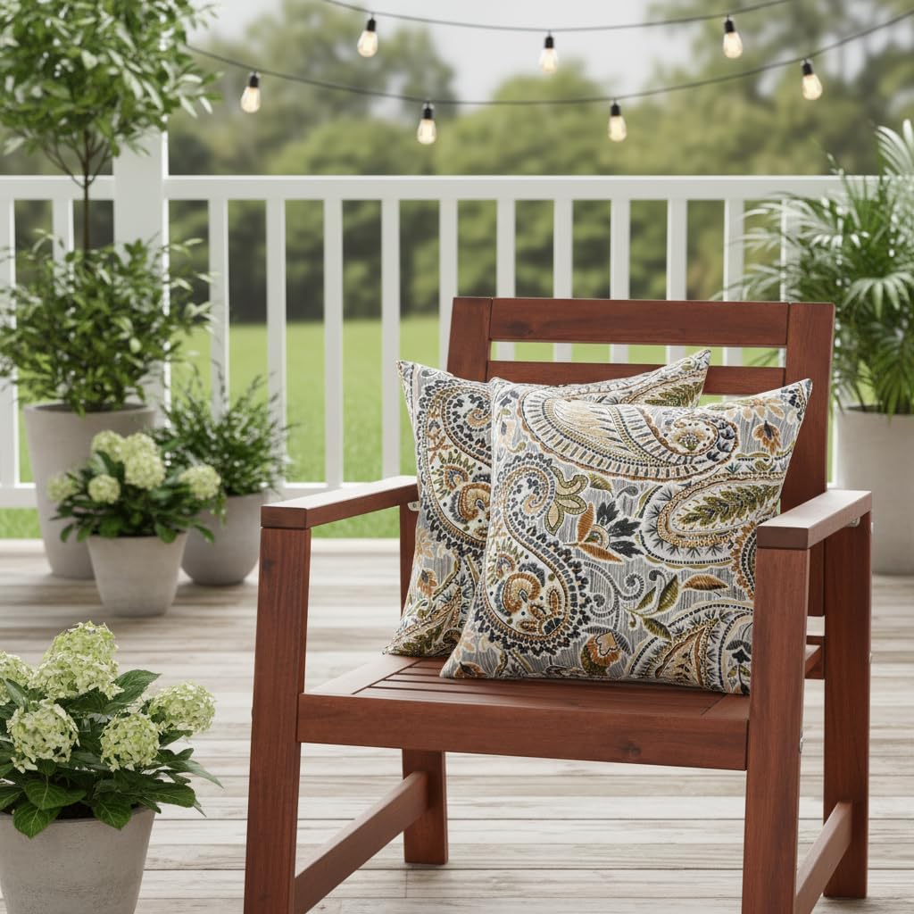 Set of 2 Outdoor Throw Pillows 17 x 17 Inch – Reversible Square Patio Accent Pillows – Weather-Resistant Polyester Fabric – Eco-Friendly Recycled Polyfiber Fill, Arctic Paisley