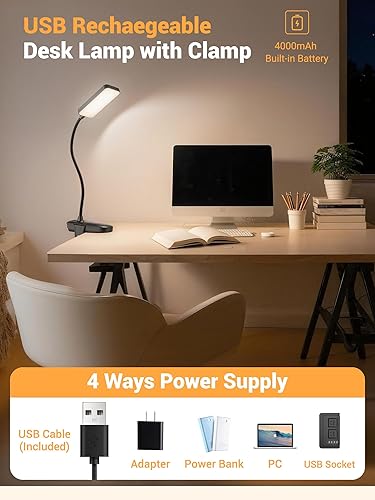 Miniatura 5 de Clip on Light,9 Brightness+5 Color Rechargeable Desk Lamp,4000mAh Battery Operated Lights,450 Lumen 48 LED Desk Lamp with Clamp Light,Cordless
