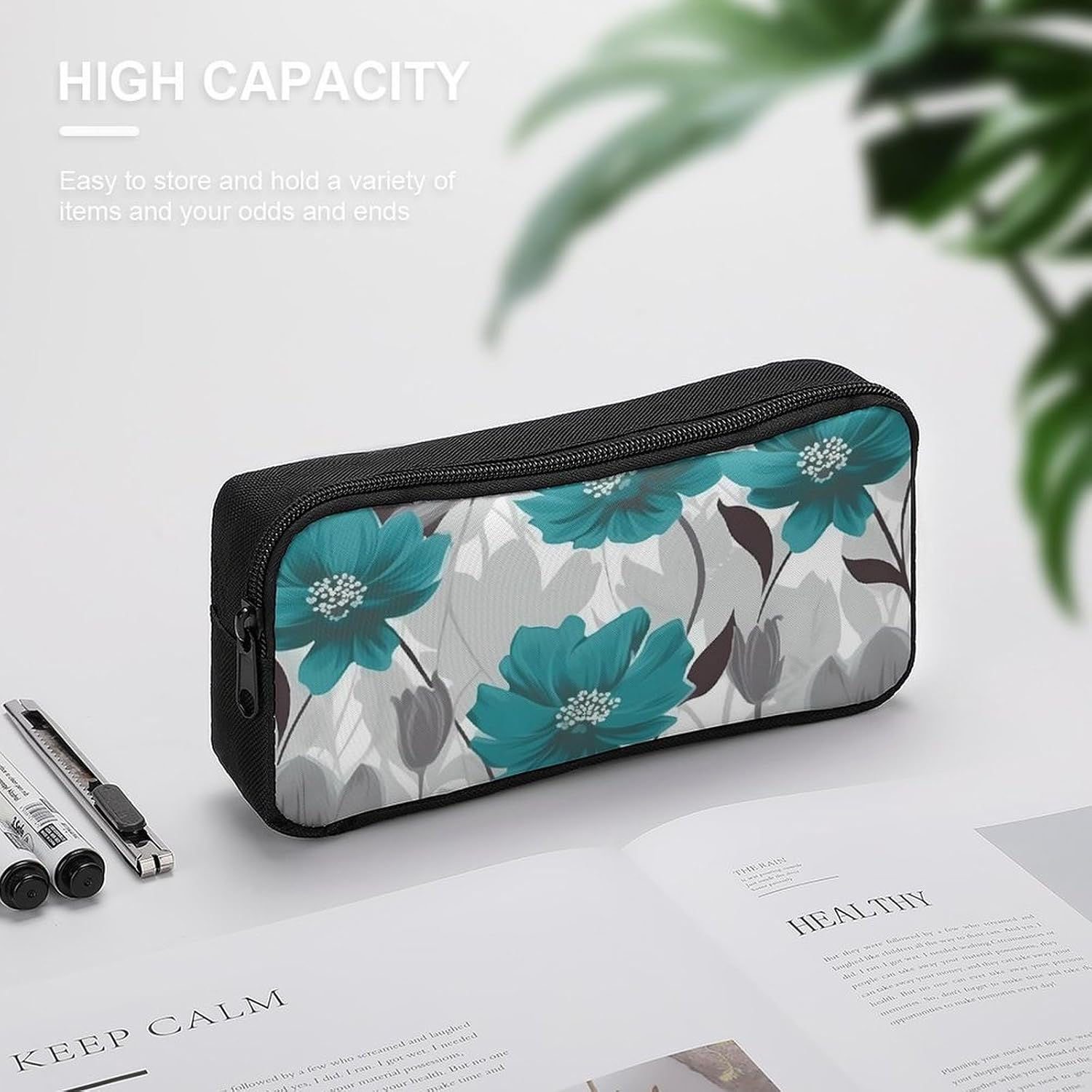 Teal Grey And White Floral Pencil Case Large Capacity Pencil Pouch image 4