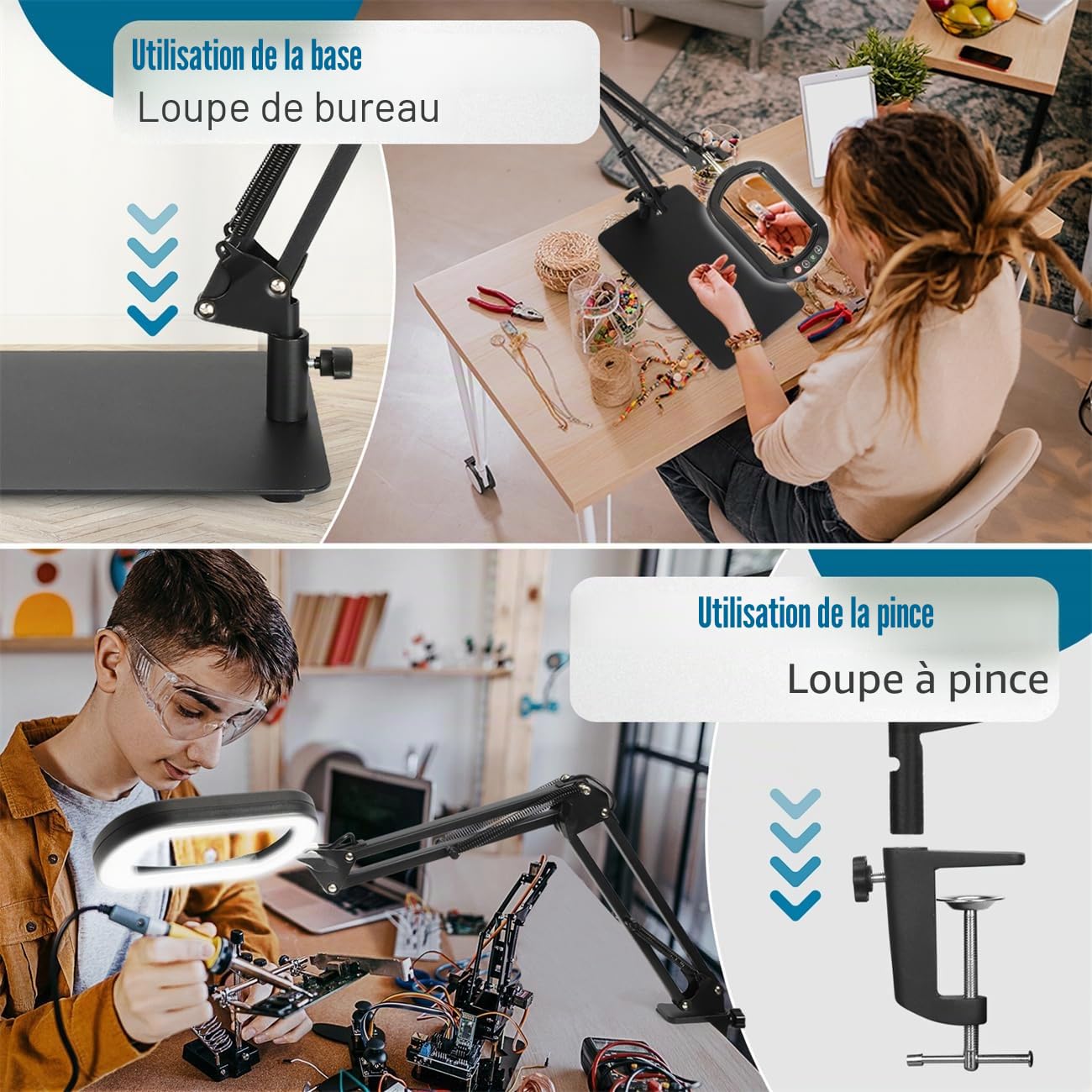 Veemagni 12X Rectangulaire Loupe avec éclairage et Support, 5 Modes de Couleur Réglables en Continu, Lampe de Bureau LED 2 en 1 avec Pince, Loupe Mains Libres pour la Lecture et Les Loisirs Créatifs