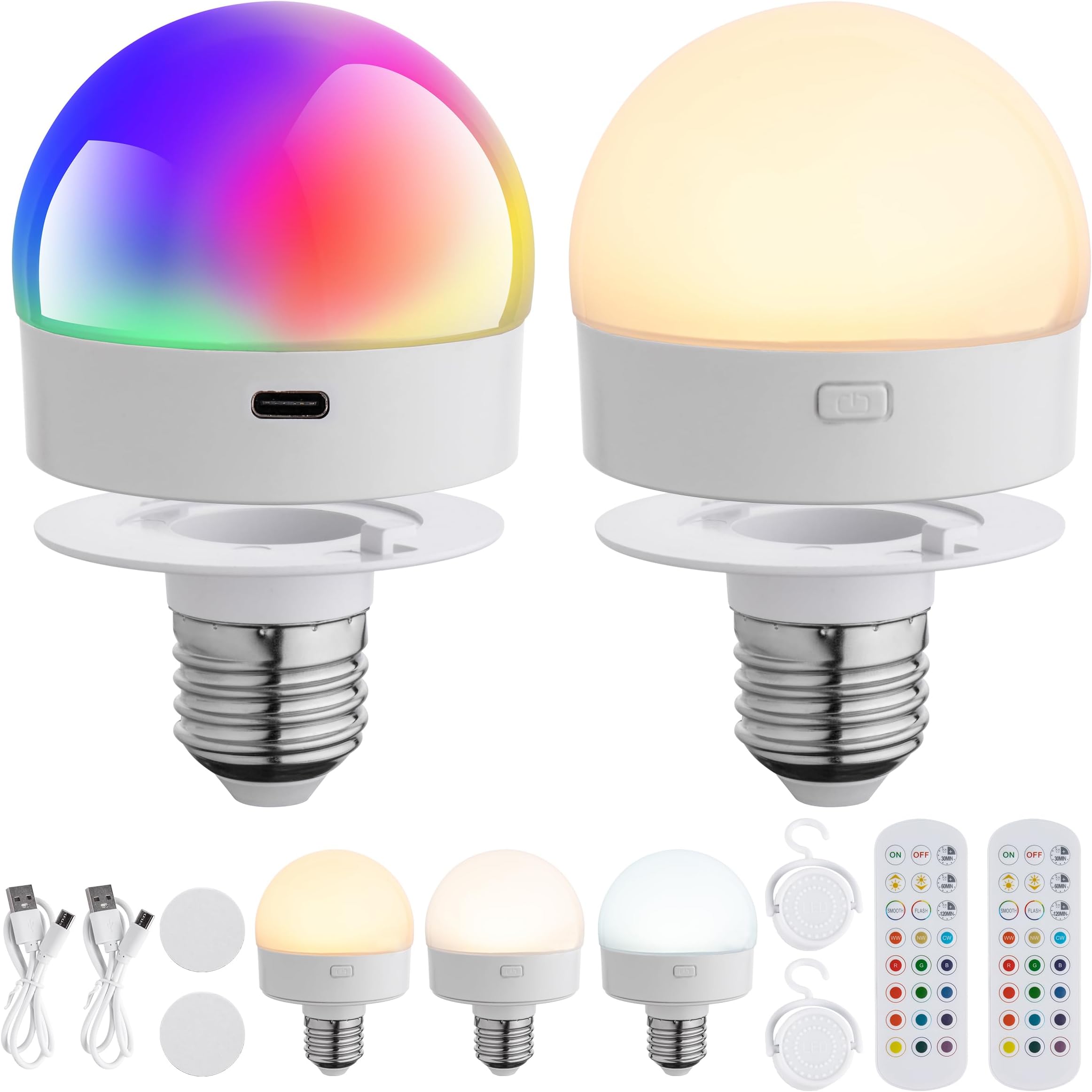 USB Rechargeable Light Bulbs With Remote,E26 Battery Operated Light Bulb For Lamps,Cordless Wireless Charging Light Bulbs With Timer,Non Electric Power Outage Bulbs,Color Changing Emergency Led Bulb