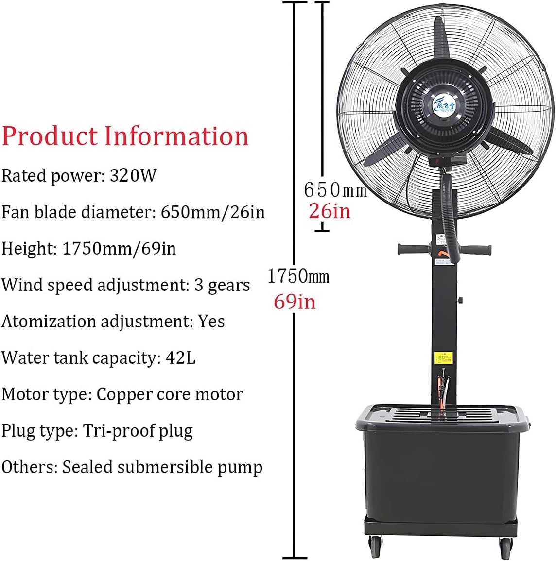 26/30 Inch Pedestal Oscillating Misting Fans, Outdoor High Velocity Cooling Standing Fans with 42L/11 Gallon Water Tank, Standing Cooling Spray Fan for Summer Heat Relief(650mm/26in)