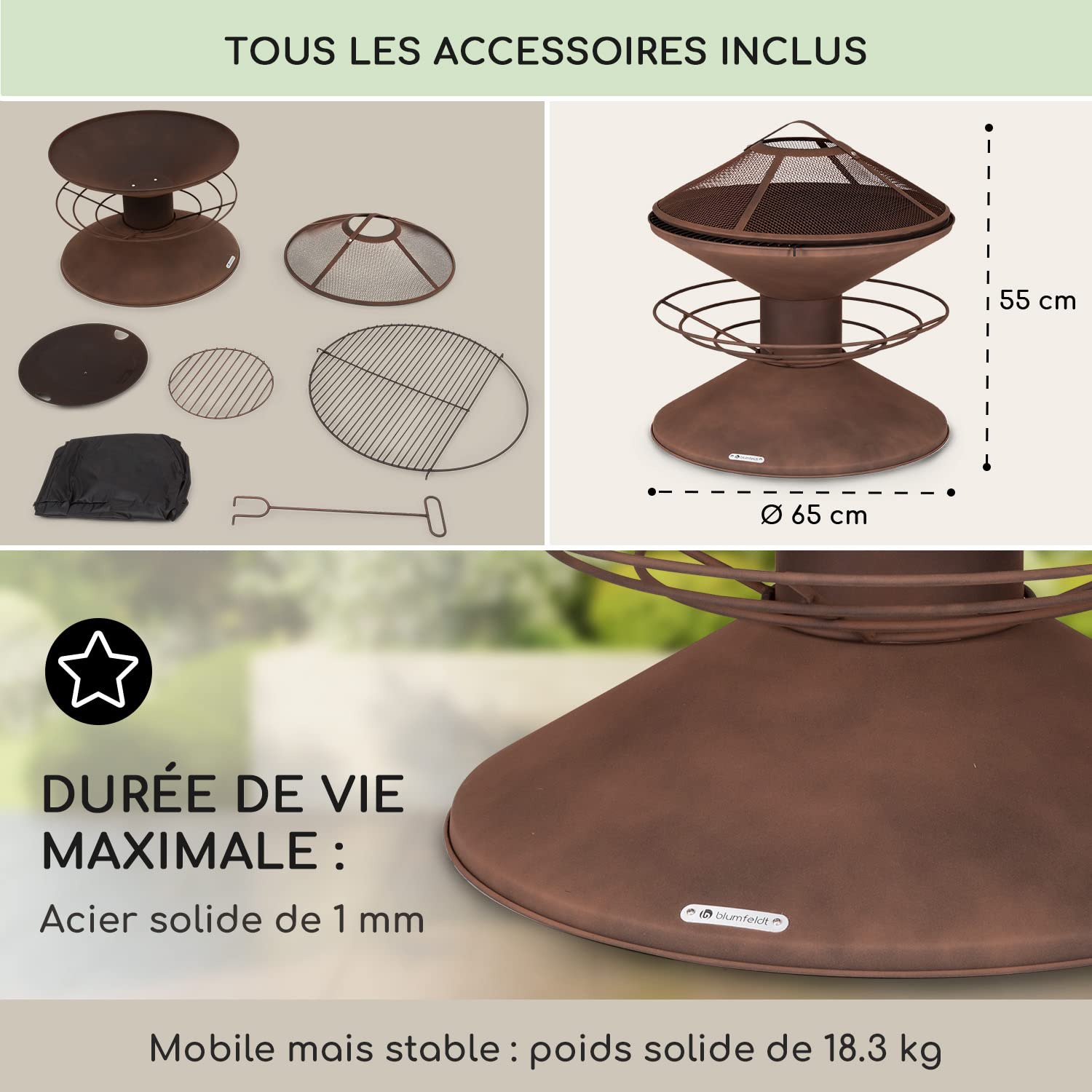 Blumfeldt Brasero Exterieur pour Le Jardin et Terrasse, Brasero Portable, Couvercle Pare-Etincelles, Bol en Acier, BBQ Circulaire avec Foyer Camping, Brûleur à Bois Résistant aux Intempéries