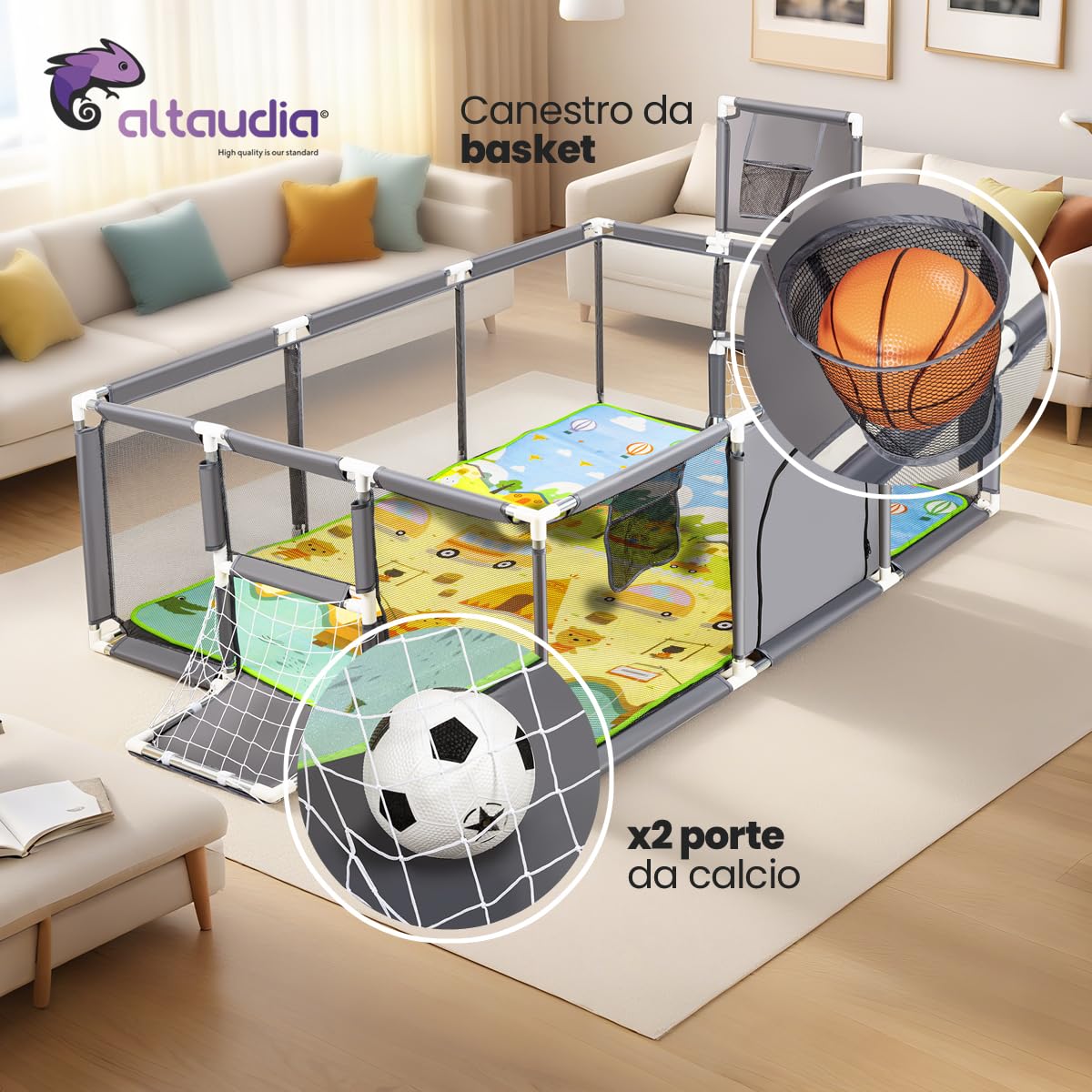 Recinto per Bambini + Tappeto da Gioco + Palla da Calcio e Basket - Box Pieghevole 180 x 120 x 65cm - Parco Giochi con Rete Traspirante - Colore Grigio