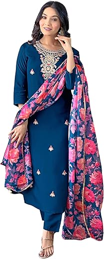 Naixa Women’s Rayon Embroidered and Printed Straight Kurta with Pant and Dupatta Sets (Available in Plus Size) (NX3-513)