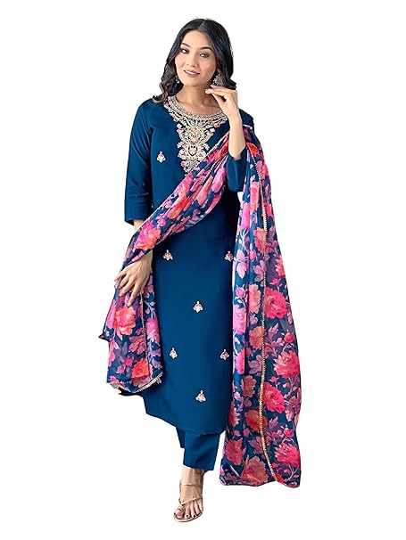 Naixa Women's Rayon Embroidered and Printed Straight Kurta with Pant and Dupatta Sets (Available in Plus Size) (NX3-513)