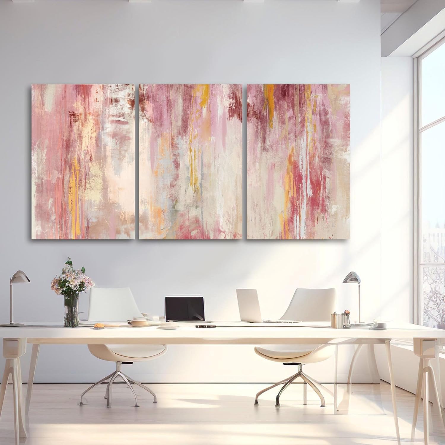 Kureful Large Pink Wall Art Gold Bedroom Decor for Teens Abstract Wall Art for Living Room Canvas Wall Paintings Gold Artwork Pictures for Wall 24"x 36"x 3 Panel