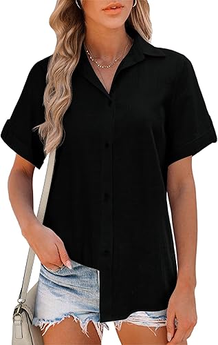 HOTOUCH Linen Button Down Shirt Women Cotton Short Sleeve Blouses
