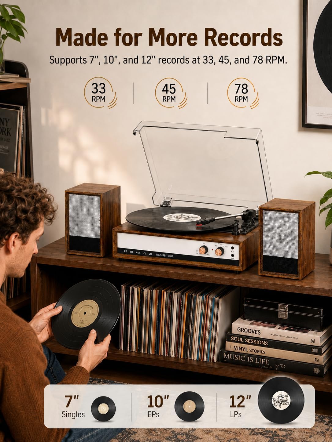 Vintage Turntable with Speakers, 3-Speed Bluetooth Vinyl Record Player with 2 External Speakers, Vinyl to PC Recording, RCA Output, AUX in, Headphone Jack, Walnut