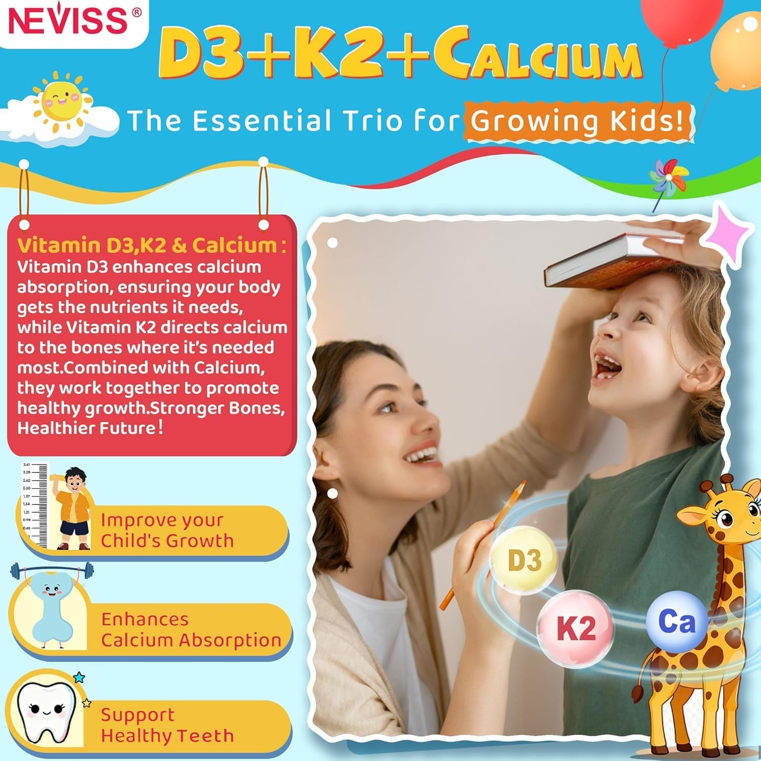 Vitamin D3 K2 Gummies for Kids + Calcium, Magnesium, Zinc, Phosphorus, Vitamin C, Kids Multivitamin D3 & K2 Supplement for Bṏne Health, Calcium Absorption, Focus & Immunity, Non GMO, Sugar Free, 60Cts