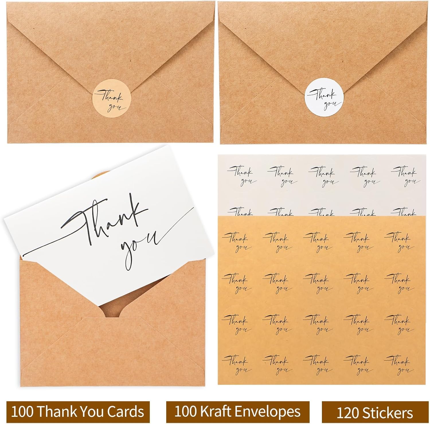 miikoul 100 Pieces Thank You Cards with Kraft Envelopes & Stickers 4x6 Inch Minimalistic Design Bulk Thank You Note for Graduation, Baby Shower, Wedding,Business, Doctor,Teachers - Image 4