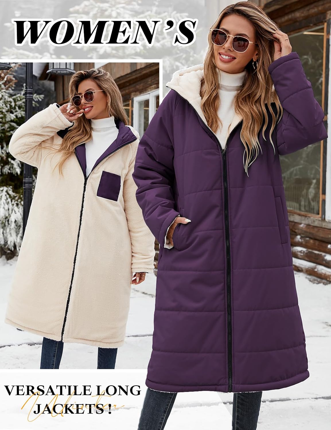 Yusongirl Women's Reversible Long Winter Puffer Coat with Hood and Fleece