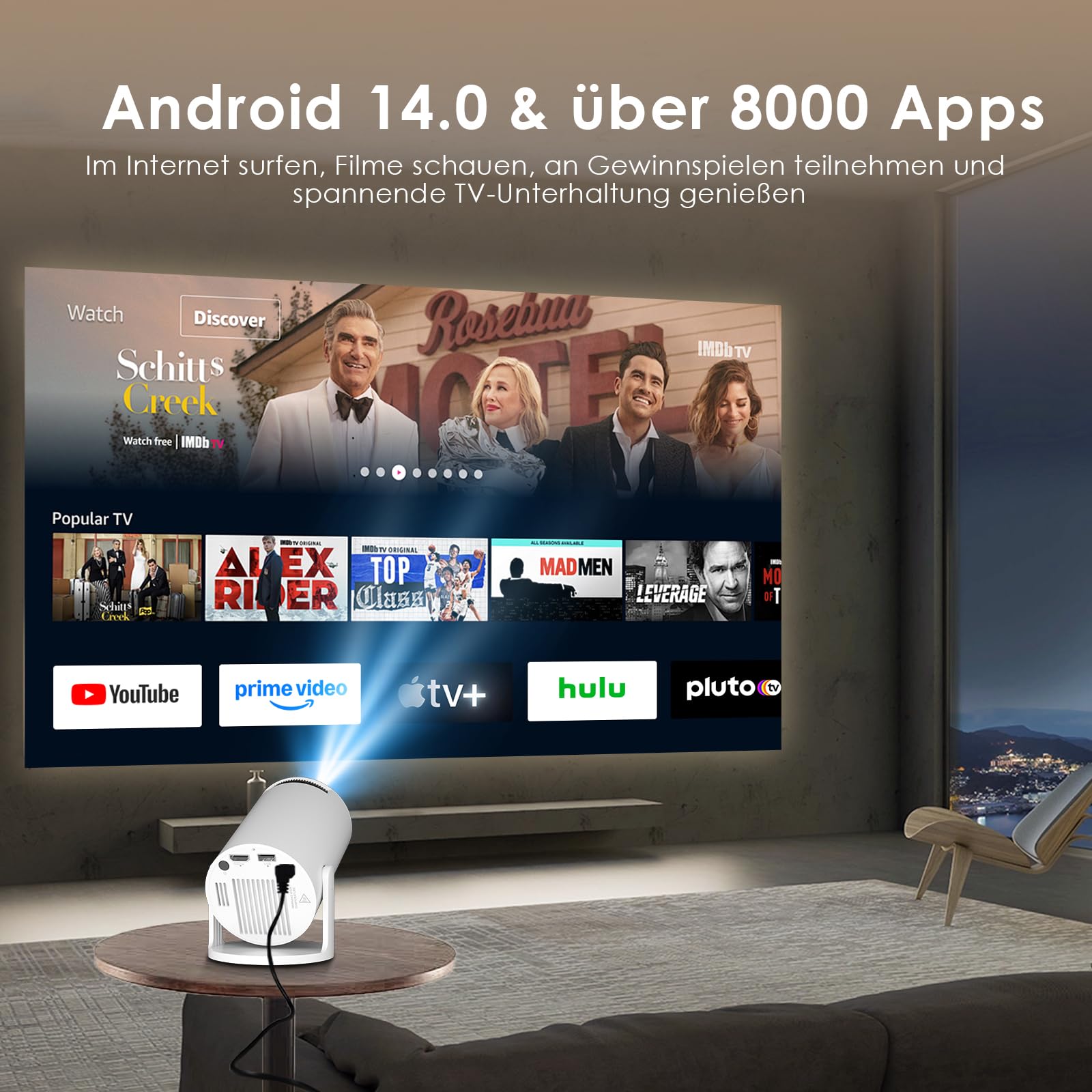 Salange Mini Beamer 2026,4K Unterstützt Smart Projektor Android 14, Tragbarer mit WiFi 6 und Bluetooth 5.4 Auto Keystone, Klein Handy Beamer Heimkino Outdoor,270°Dreh kompatibel,Weiß