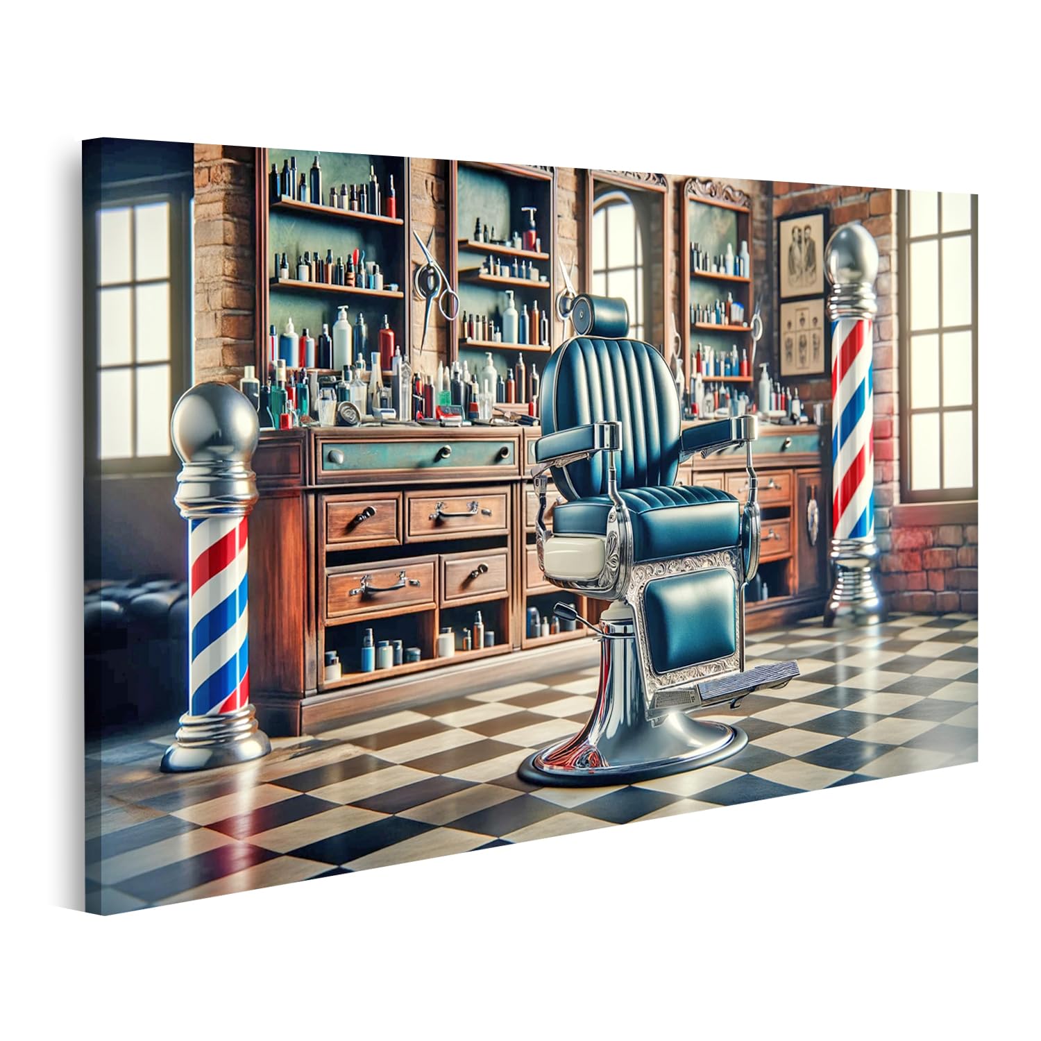 Quadro Su Tela Islandburner Barbershop Nostalgia – 5 Pezzi 170x80 Cm, Sedia E Specchio Vintage, Stampe Con Inchiostri Senza Solventi