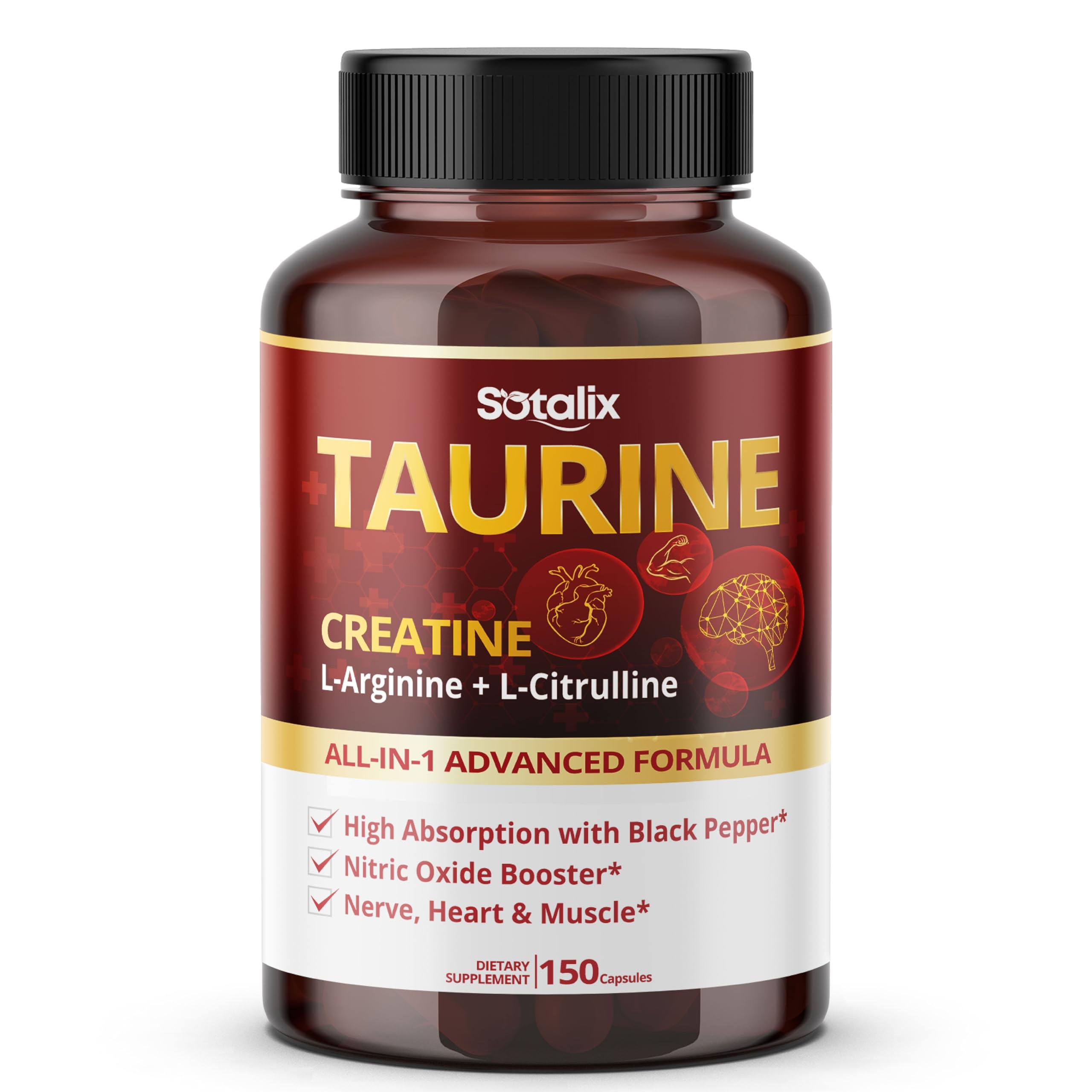Taurine with Creatine, L-Arginine, L-Citrulline High Absorption with Black Pepper Nitric Oxide Booster, Muscle (150 Count (Pack of 1))