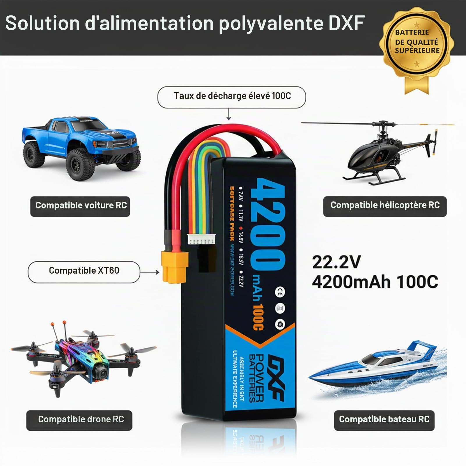 DXF 2 Paquets Batterie lipo 6s - Haute Performance pour modèles rc - 22,2v 4200mah - lipo 6s idéale pour hélicoptères, Voitures 1/8 & 1/10, et Drones FPV - livrée avec connecteur xt60