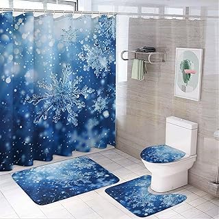 4Pcs Sparkling Snowflakes Shower Curtain, Winter Snow Classic Blue Shower Curtain Sets with Toilet Lid Cover, U-Shaped Mat and Non-Slip Rugs, Bathroom Decor Set, 72" x 72"