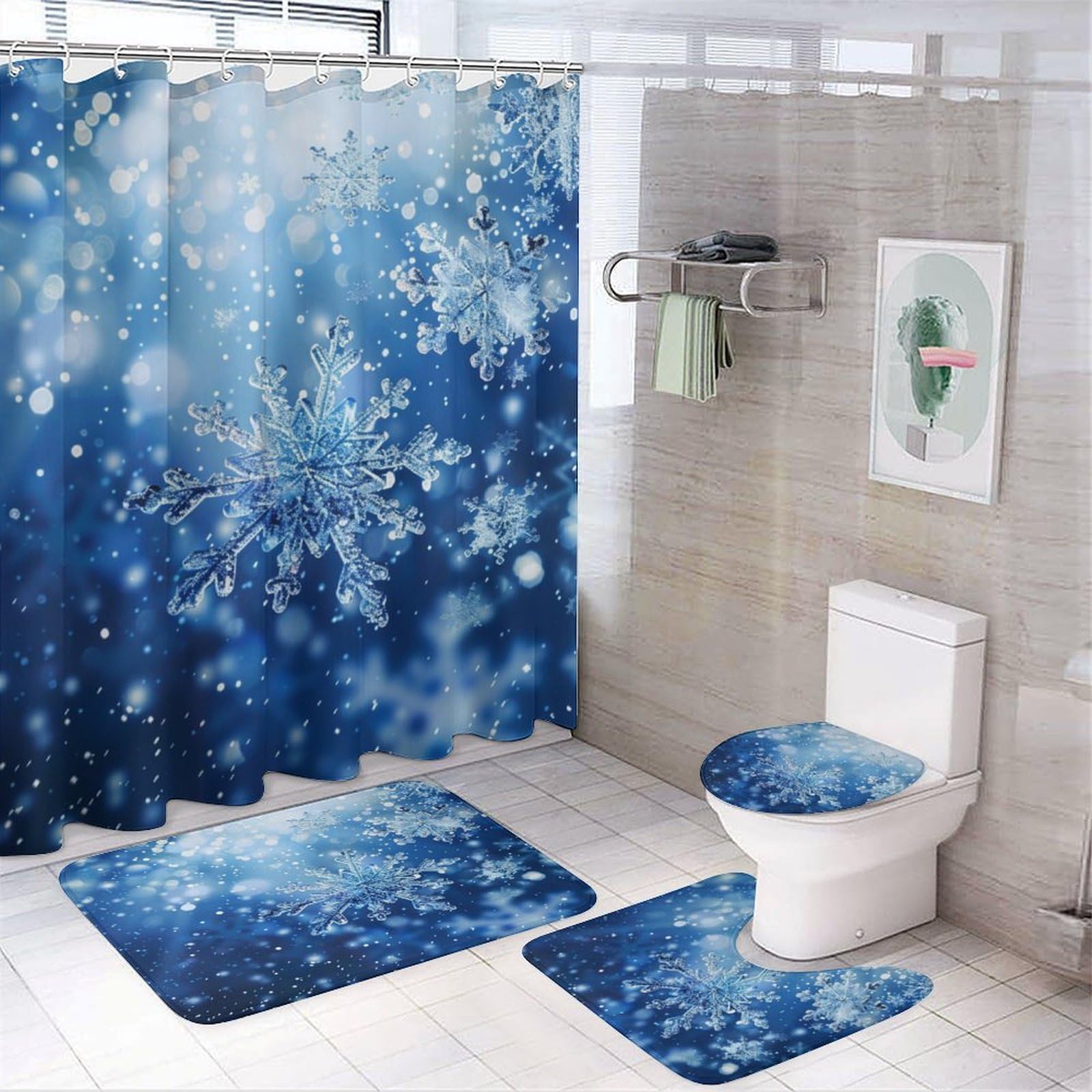 TOWINSFB 4Pcs Sparkling Snowflakes Shower Curtain, Winter Snow Classic Blue Shower Curtain Sets with Toilet Lid Cover, U-Shaped Mat and Non-Slip Rugs,