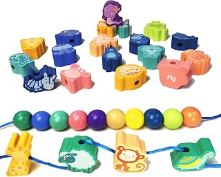 34 PCS Lacing Beads for Toddlers,Made of Natural Wood,Threading Toy That Can Improve Kid's Concentration, as The Preschool Fine Motor Skills Toys for 3 4 5 Year Old (Animal-34Pack)