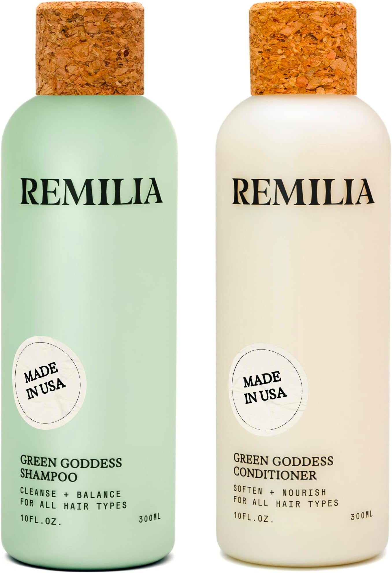 REMILIA Green Goddess Vegan Rosemary Shampoo and Conditioner Set for Dry, Damaged Hair w/Avocado Oil, Coconut Oil, Green Tea Extract