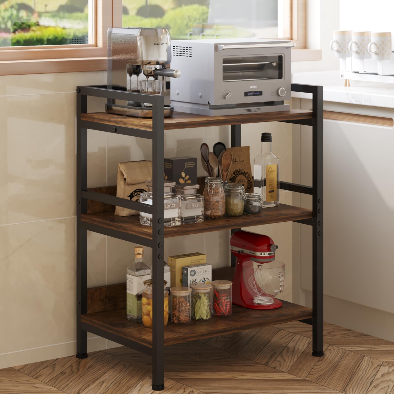 HOME CUBE 3-Tier Metal Storage Shelf with Wooden Shelves, Kitchen Organizer Rack, Microwave Stand, Bookshelf, Standing Shelf Units, Multipurpose Storage Rack for Living Room, Office, Garage, Shops-image-25