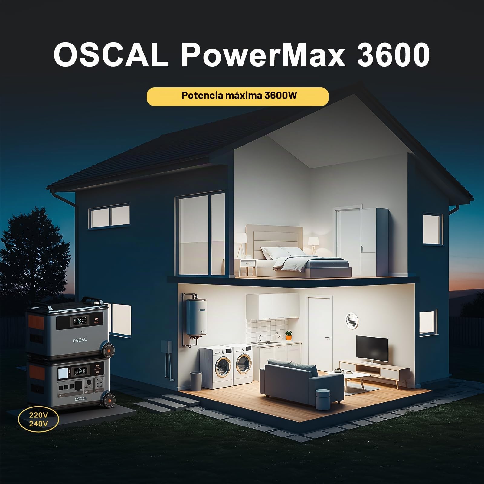 OSCAL PowerMax 3600 Generador eléctrico solar portátil 3600 W, ampliable hasta 57,6 kWh,estación de alimentación solar de 3600 Wh con 4 tomas CA 3600 W, emergencia con control APP para casa