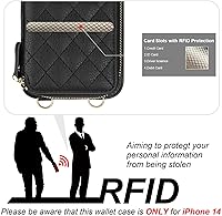 Vista 3 de Bocasal Funda tipo cartera cruzada para iPhone 14, con bloqueo RFID, de piel sintética, con cremallera, funda tipo cartera con función atril