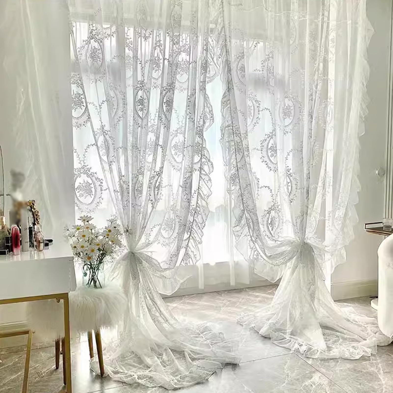 Rideaux en Dentelle Brodée de Fleurs de Style Romantique Français, Long Traitement de Fenêtre Vintage Shabby Chic avec Bord à Volants Festonnés, pour Balcon de Jardin, 1 Panneau