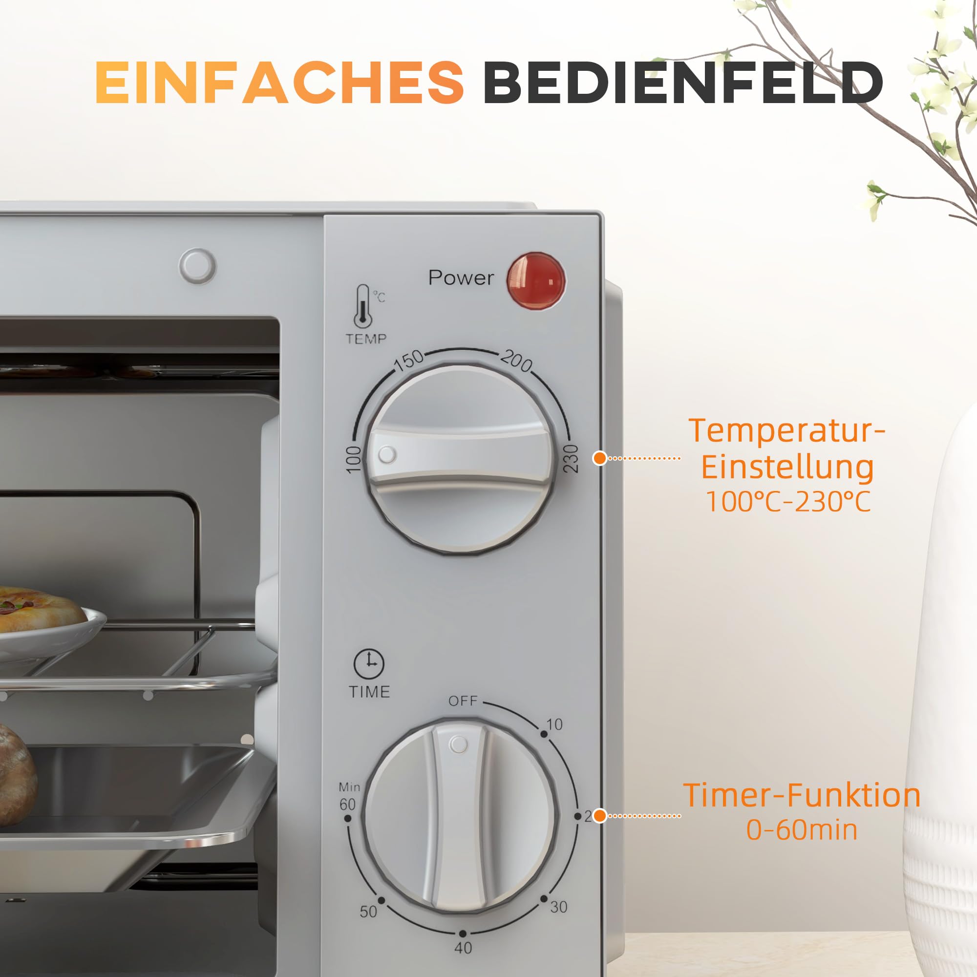 HOMCOM Mini-four 9L Mini four avec plaque de cuisson, grille, 100 °C-230 °C, avec température et durée de cuisson réglables, minuterie 60 min, 750W, inox, argent