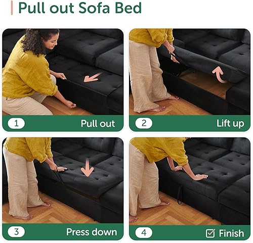 Miniatura 4 de HONBAY Sofá cama modular con cama extraíble, sofá seccional para sala de estar, sofá cama con diván de almacenamiento, terciopelo negro