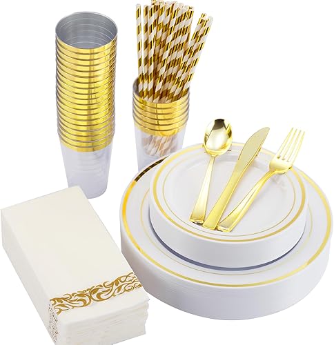 Miniatura 1 de Juego de vajilla desechable de plástico, 200 piezas, platos de borde dorado, cubiertos dorados, vasos transparentes, pajitas de papel, servilletas
