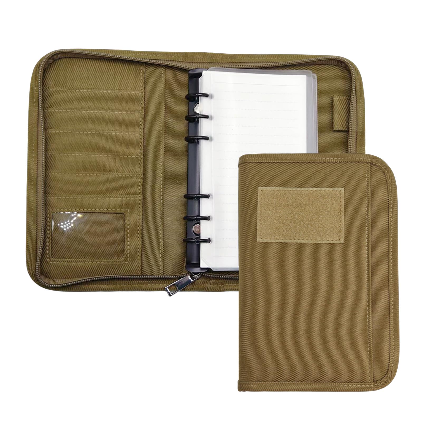 Military Padfolio Ring Binder with Zippered, Waterproof Tactical Notebook with 45 Sheets, Army Military Notebook Cover for Out-Work, Detachable 6-Ring A6 Binder, Khaki