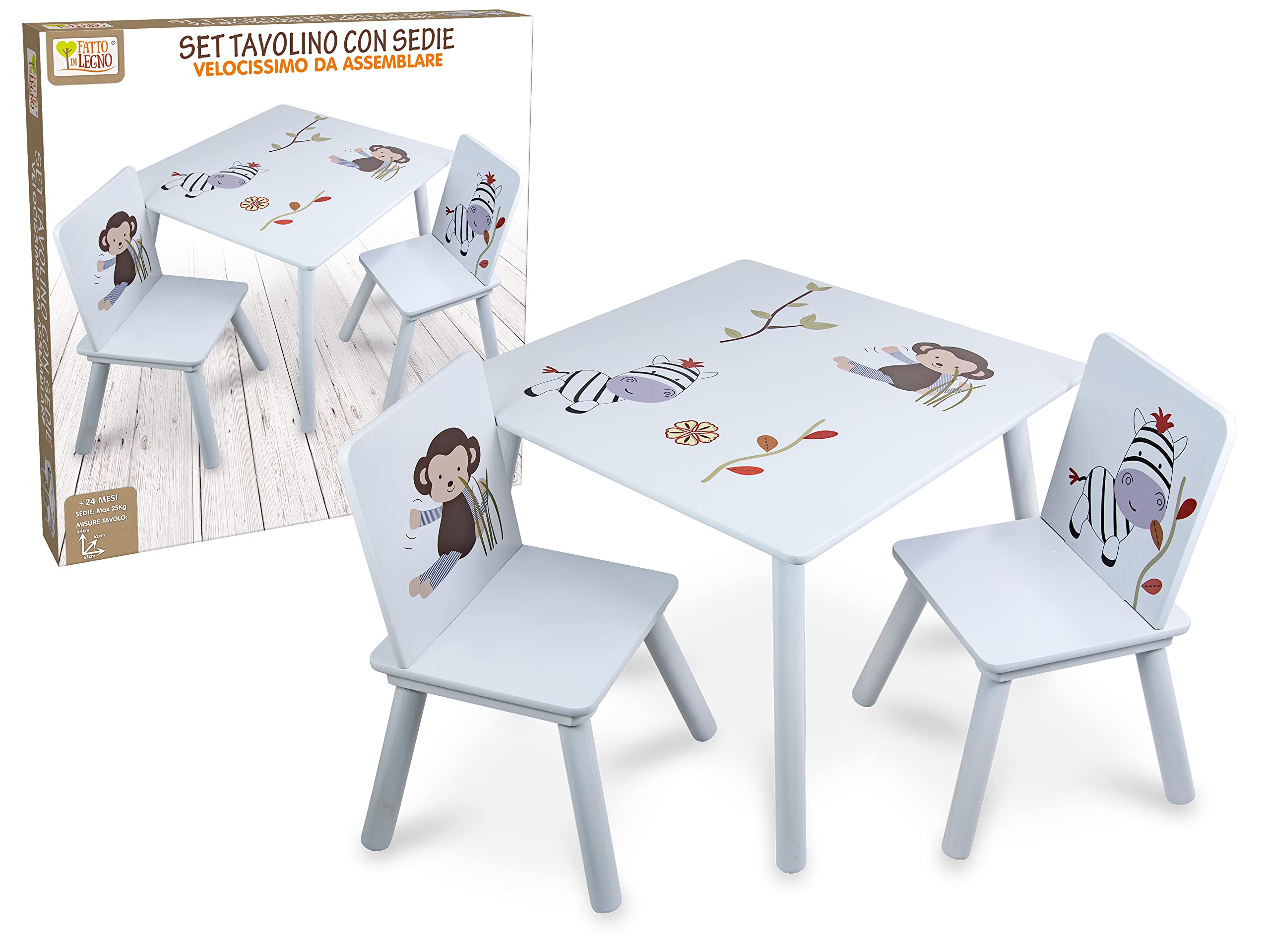 Teorema 40646 - Tavolino con 2 Sedie per bambini, in Legno, Dimensione: 59x59x45cm, Sedie Max. 25kg, con disegni di animali.