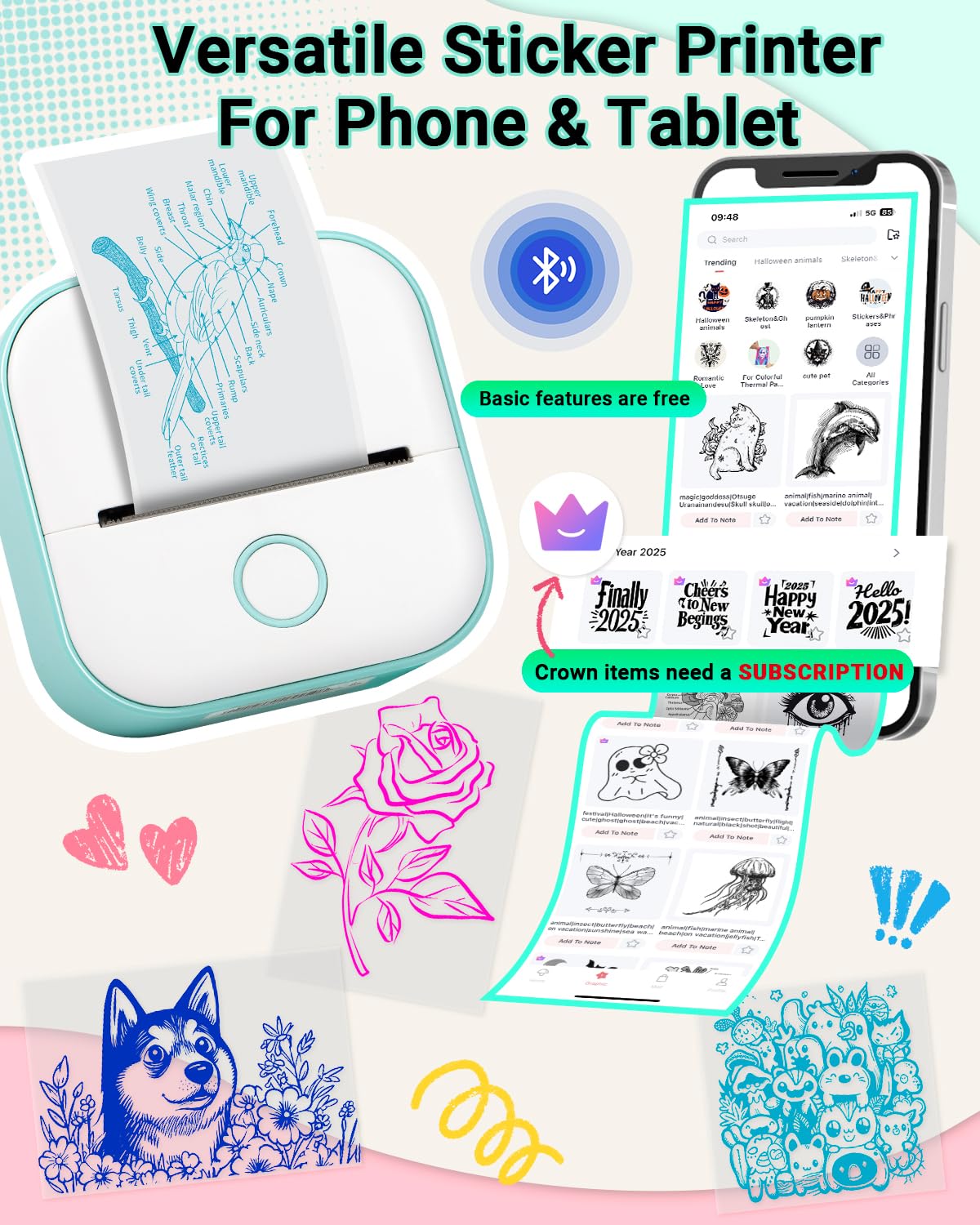 Memoking Mini Stampante Termica - T02 Stampante Termica Portatile Bluetooth Print Pods Portable Mini Printer per Grafici di Studio, l'apprendimento, Appunti di Studio, Diagrammi Anatomici, Foto,Regalo