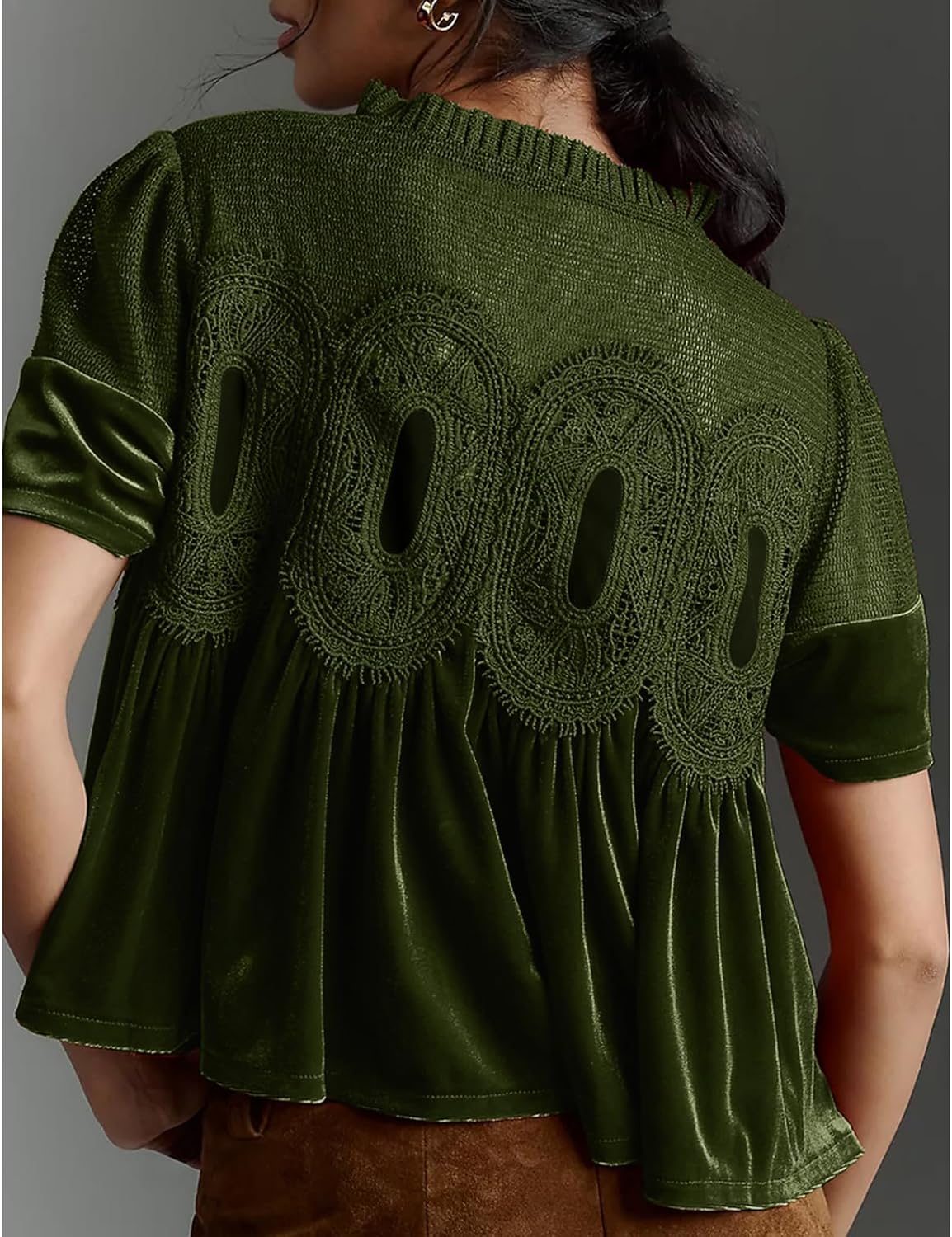 Women's Velvet Lace Babydoll Tops Casual Round Neck Short Sleeve Flared Swing Blouse Elegant Pleated Loose Fit Shirts - Image 4