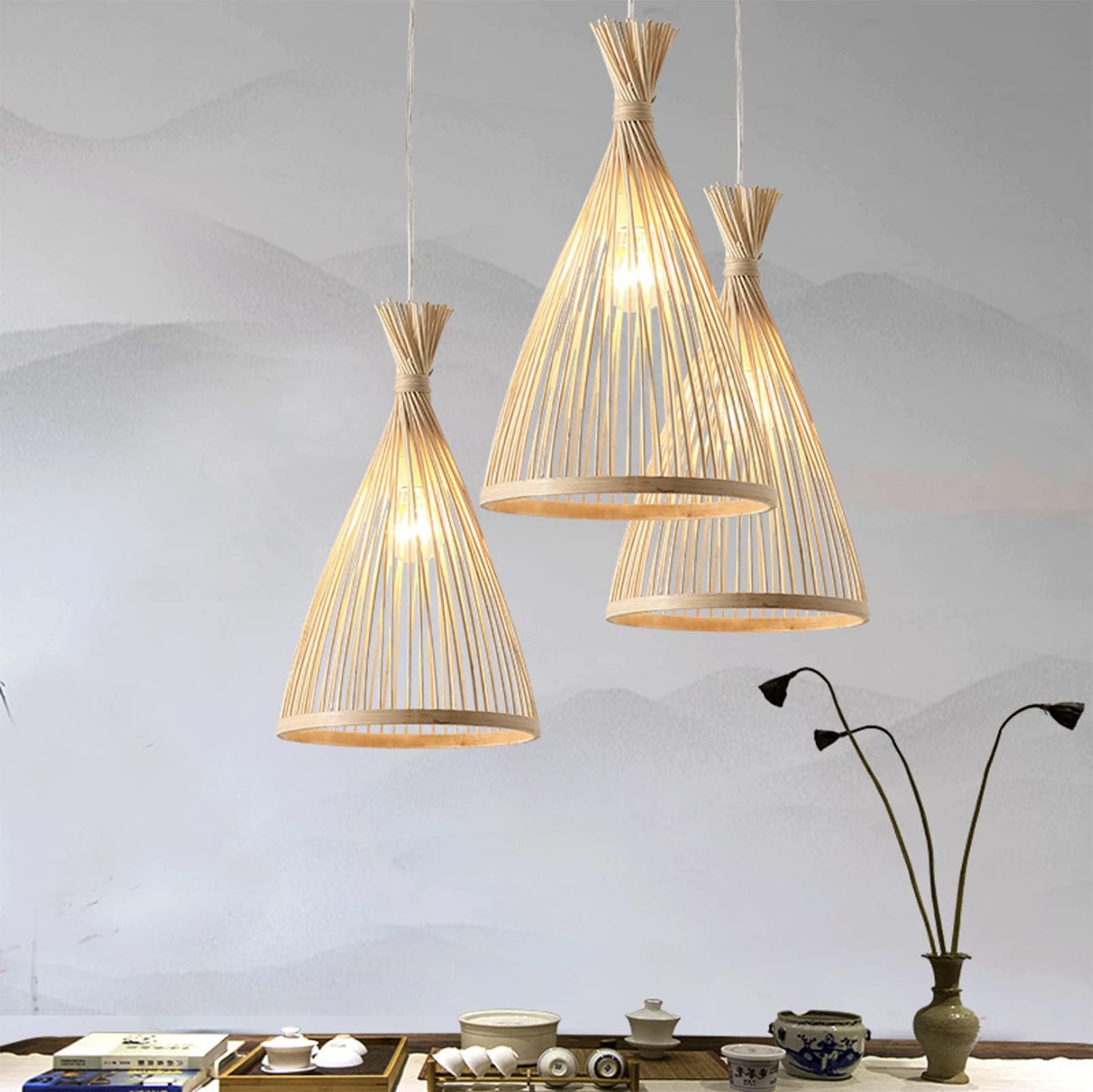 GUANSHANBamboo Pendant Light Creative Lampshade Ceiling Light Chandelier Ceiling Lamp for Dining Room, Living Room, Bedroom, Coffee Shop, Bar Counter