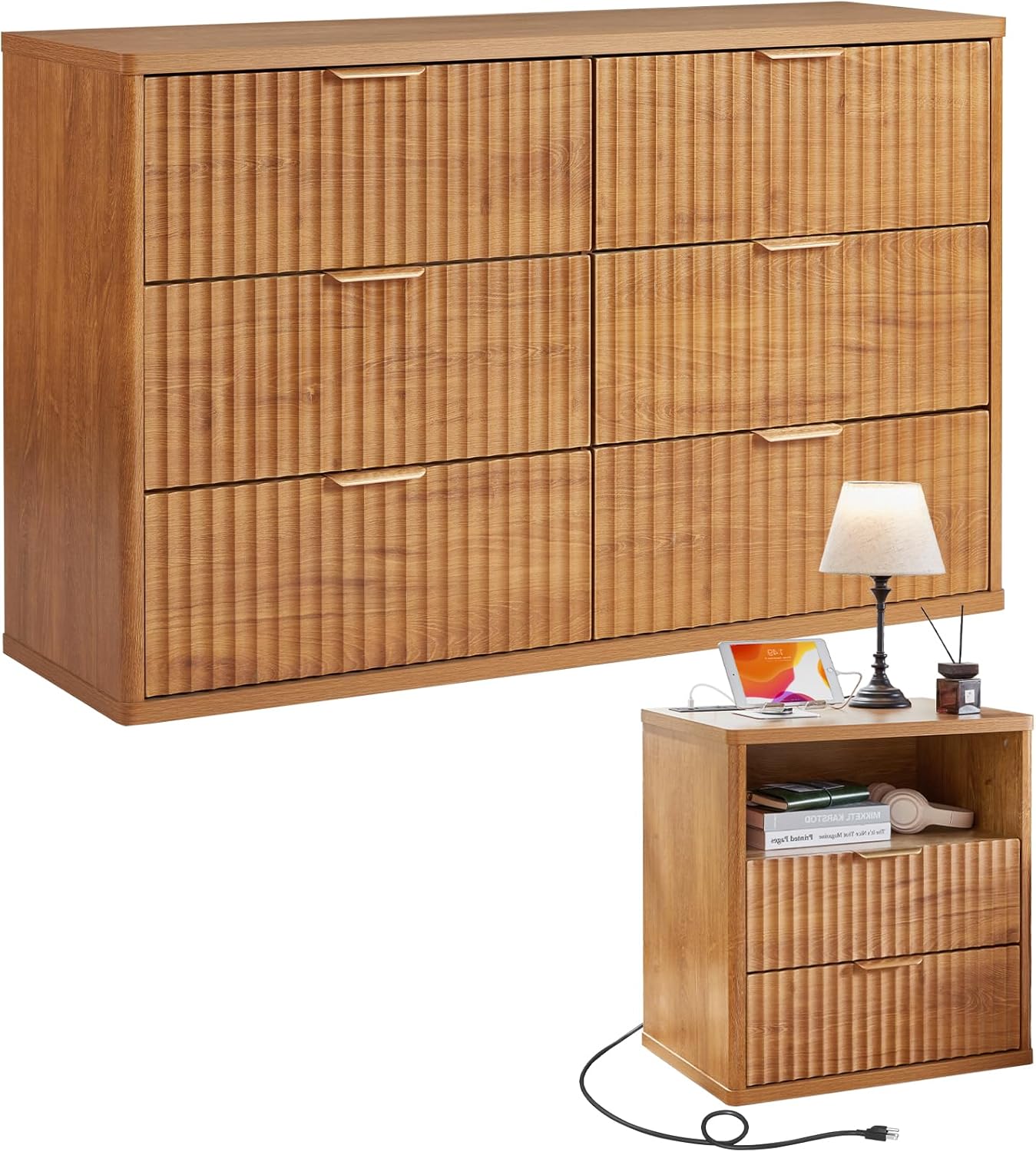 LEYAOYAO Fluted Dresser and Nightstand Sets, Wood 48" Wide Dresser & 23" Night Stand with Charging Station, 2 Piece Bedroom Furniture Set, Chest of Drawers for Bedroom, Home, Living Room,Brown